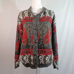Vintage Red Black Brown Paisley Shimmery Cardigan Sweater L